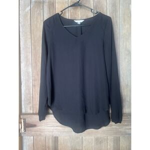 Decree Womens Black V-Neck Long Sleeve Blouse High-Low Hem Top Size Small